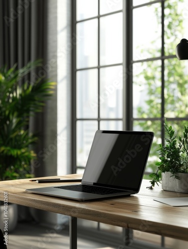 Wallpaper Mural A modern laptop rests on a wooden desk surrounded by lush plants, with ample natural light streaming through large windows. Generative AI Torontodigital.ca