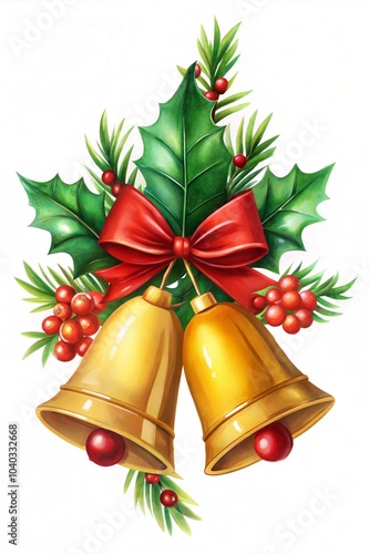 Festive Christmas bells decorated with holly leaves and red ribbon on white background