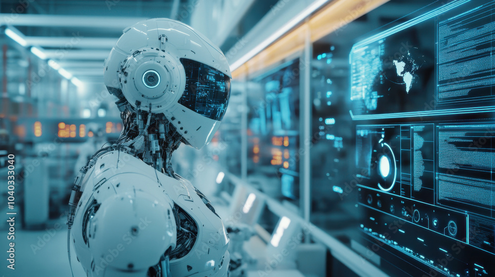 hyperrealistic robot with intricate mechanical features stands in futuristic environment, interacting with advanced digital displays. scene conveys sense of innovation and technology hyperrealistic robot with intricate mechanical features stands in futuristic environment, interacting with advanced digital displays. scene conveys sense of innovation and technology