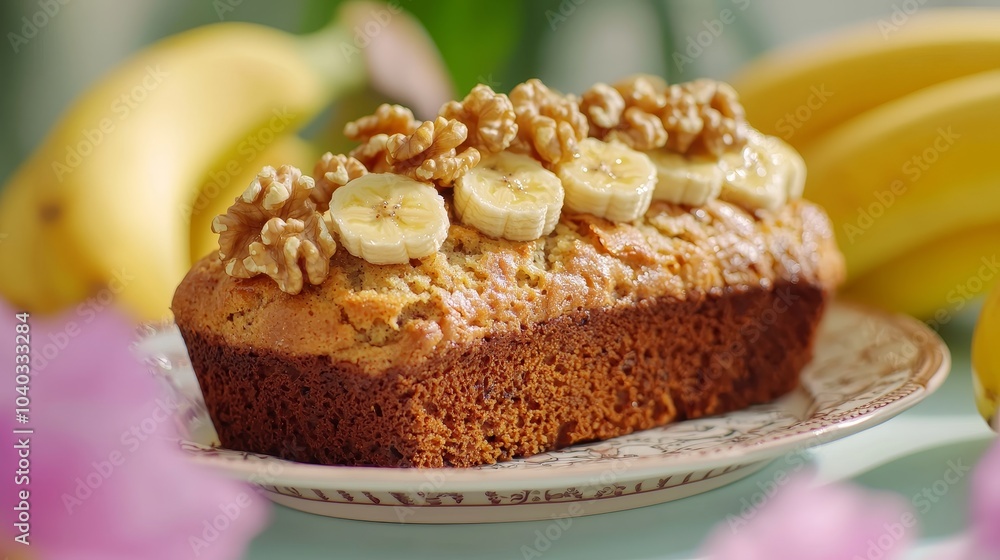 Freshly Baked Banana Walnut Loaf on a Plate Freshly Baked Banana Walnut Loaf on a Plate