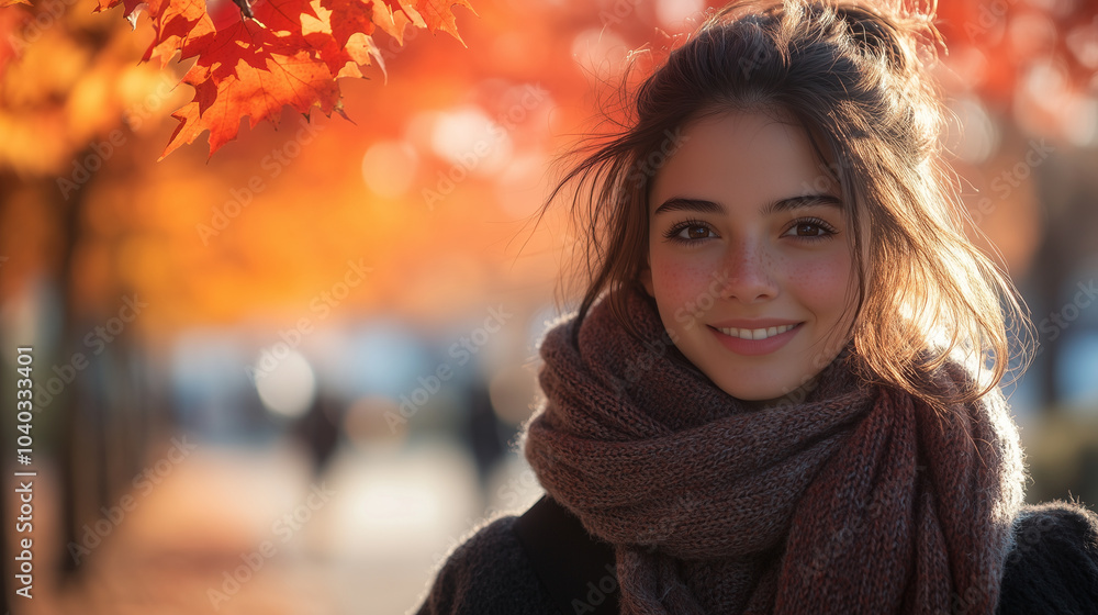 A young woman wearing a scarf and gloves walks down a quiet park path lined with maple trees, their leaves turning brilliant shades of red and orange. She smiles softly as the cool A young woman wearing a scarf and gloves walks down a quiet park path lined with maple trees, their leaves turning brilliant shades of red and orange. She smiles softly as the cool