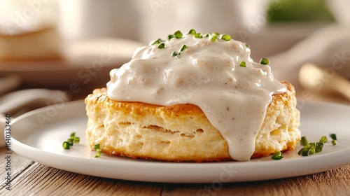 Flaky Biscuit with Creamy Gravy and Fresh Herbs