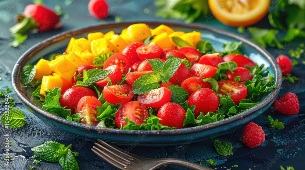 A vibrant salad made with cherry tomatoes mango slices herbs and greens served on a plate
A vibrant salad made with cherry tomatoes mango slices herbs and greens served on a plate