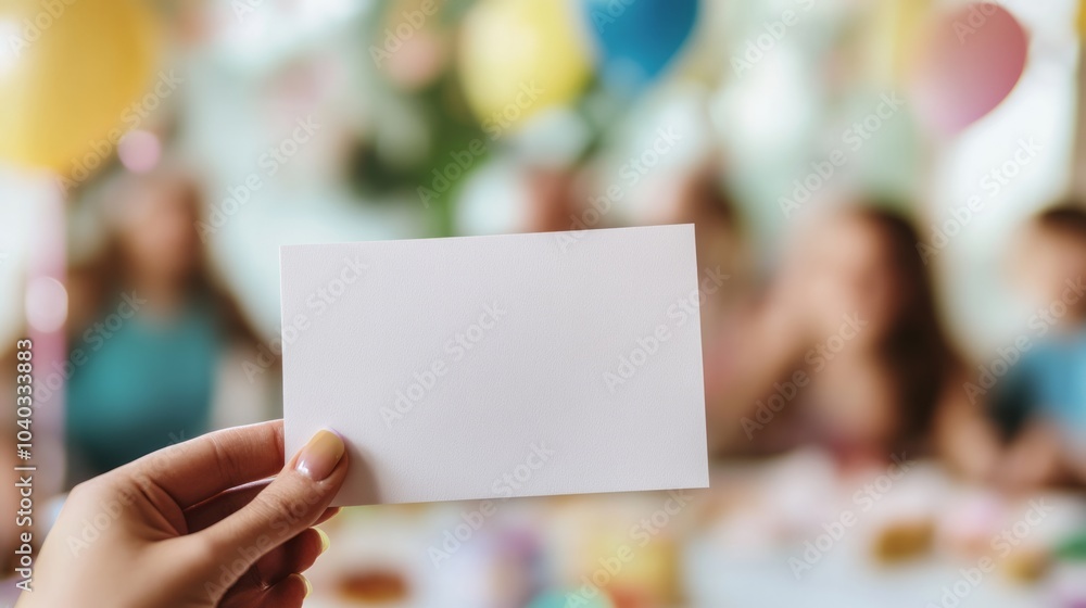 a hand holding a blank birthday card with blurred birthday party in the background. a hand holding a blank birthday card with blurred birthday party in the background.