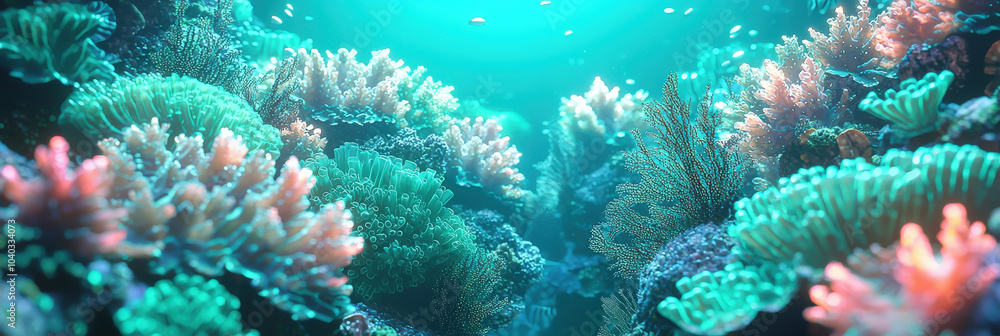 Fototapeta premium Vibrant coral reef teeming with marine life, showcasing colorful corals and clear blue water. serene underwater scene that captures beauty of ocean ecosystems