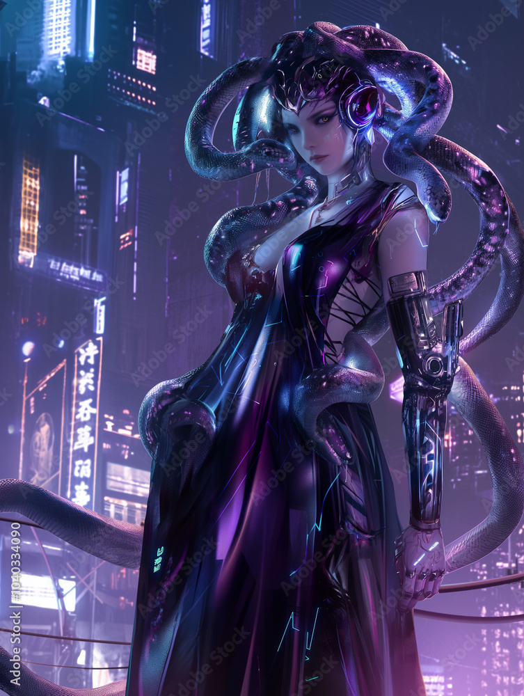 Futuristic Cyborg Medusa Women with Neon Glowing Eyes and High-Tech Snake Elements – Sci-Fi Digital Art for Cyberpunk and Fantasy Themes Futuristic Cyborg Medusa Women with Neon Glowing Eyes and High-Tech Snake Elements – Sci-Fi Digital Art for Cyberpunk and Fantasy Themes
