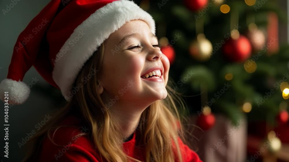A joyful young girl wearing a Santa hat smiles brightly, capturing the warmth and excitement of the holiday season. The blurred Christmas tree in the background, adorned with red and gold ornaments, a A joyful young girl wearing a Santa hat smiles brightly, capturing the warmth and excitement of the holiday season. The blurred Christmas tree in the background, adorned with red and gold ornaments, a
