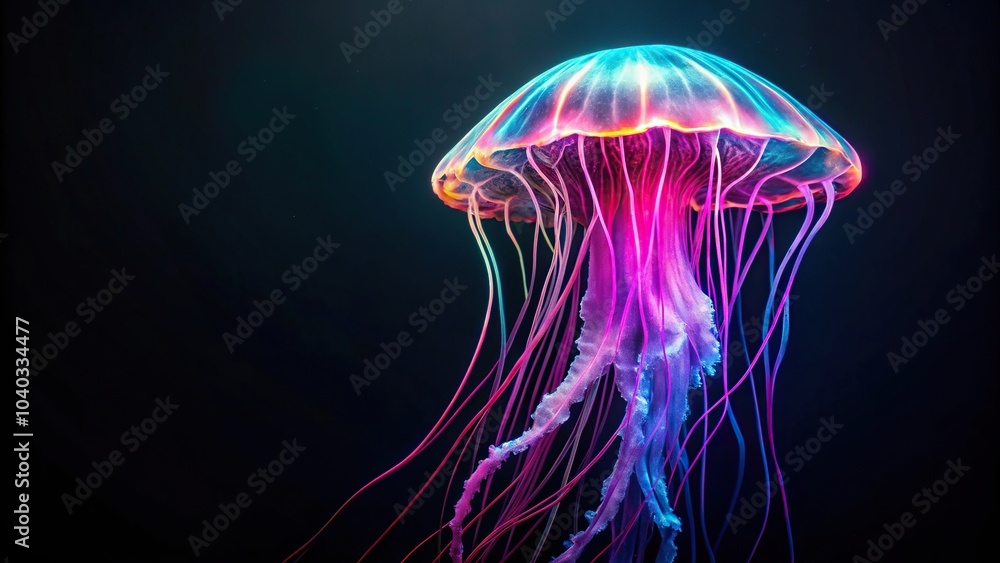 Aerial view of neon colorful jellyfish glowing in the dark Aerial view of neon colorful jellyfish glowing in the dark