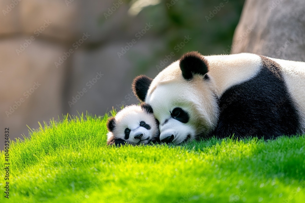 A baby panda and its companion resting peacefully on green grass in warm daylight A baby panda and its companion resting peacefully on green grass in warm daylight