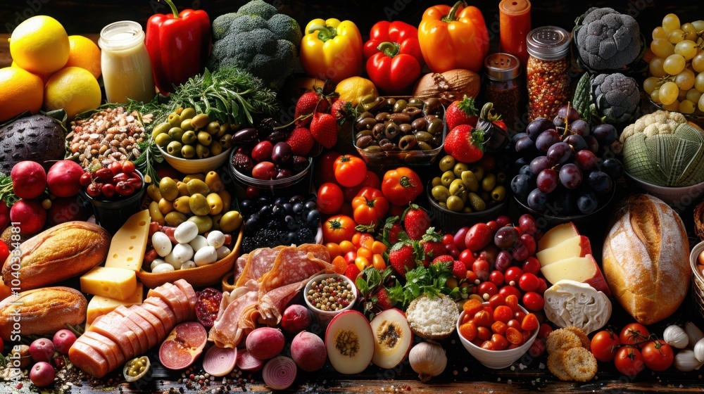 A collection of fresh ingredients including vegetables fruits breads cheeses meats and nuts arranged in a market style display
A collection of fresh ingredients including vegetables fruits breads cheeses meats and nuts arranged in a market style display