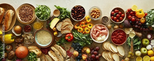 Balanced meal setting focused on mindful eating, featuring a variety of nutritious foods arranged to promote a healthy lifestyle.