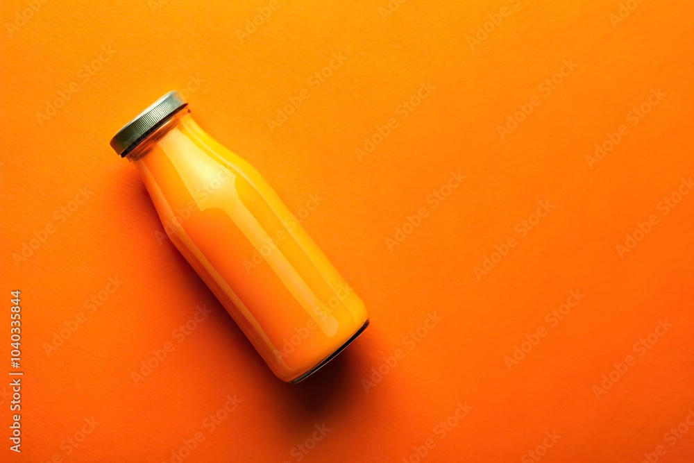 Aerial view of orange juice bottle on vibrant orange background Aerial view of orange juice bottle on vibrant orange background