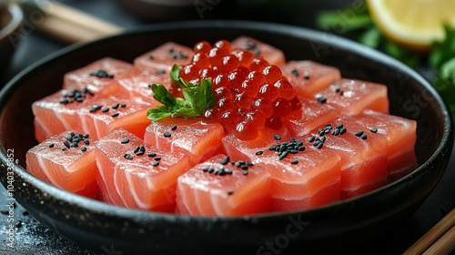 gourmet dish featuring seared tuna with sesame seeds, salmon caviar, and a colorful array of vegetables, artfully plated. The photo conveys luxury, sophistication, and a balance of natural flavors