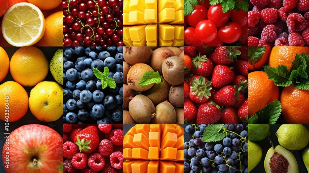 An assortment of fresh fruits including blueberries apples strawberries mangoes kiwis and cherries arranged in a grid pattern
An assortment of fresh fruits including blueberries apples strawberries mangoes kiwis and cherries arranged in a grid pattern