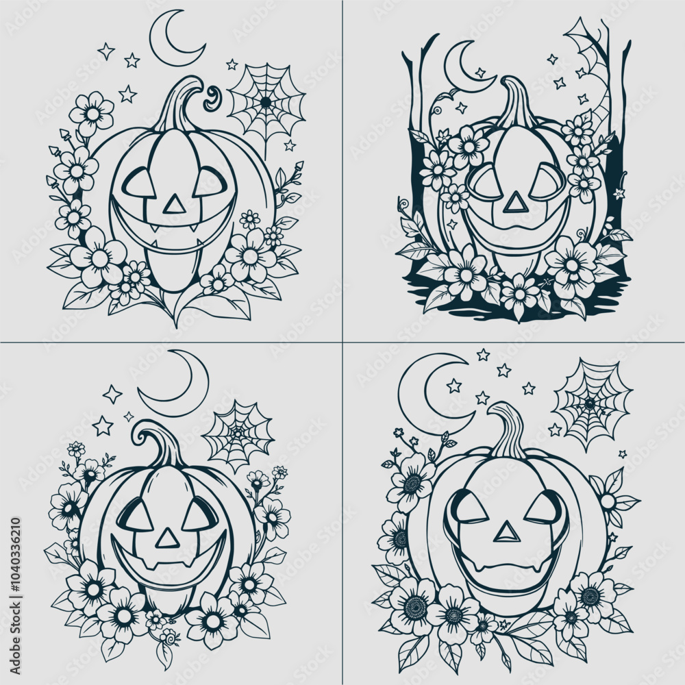 Fototapeta premium Floral Jack o Lantern SVG file, Flower Pumpkin svg, Floral Pumpkin cut file, Spider Web Moon, Fall
