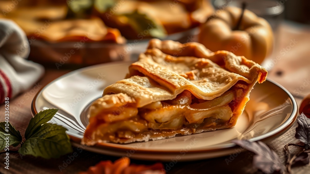 Delicious Homemade Apple Pie Slice Served on a Plate With Autumn Decorations in a Cozy Kitchen Delicious Homemade Apple Pie Slice Served on a Plate With Autumn Decorations in a Cozy Kitchen