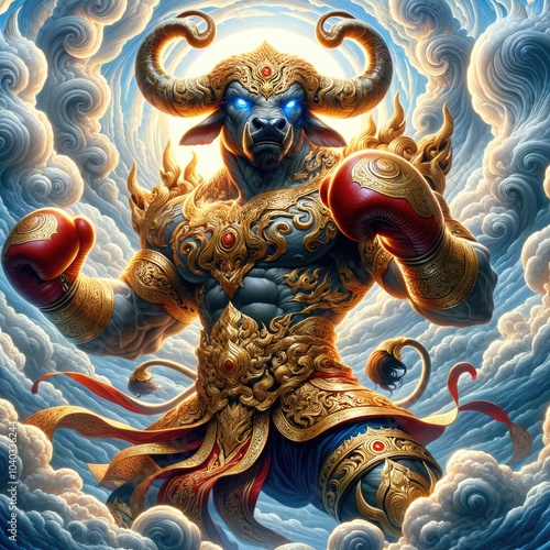 Wallpaper Mural Majestic Bull-Headed Warrior: A Fierce Mythical Fighter in Ornate Golden Armor with Glowing Boxing Gloves, Surrounded by Swirling Energy and Radiating Divine Strength Torontodigital.ca