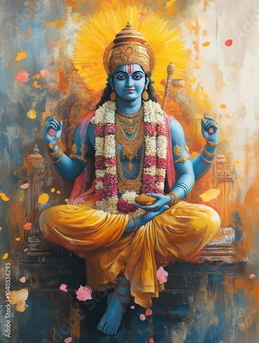 Hindu god vishnu sitting on throne holding lotus and mace photo