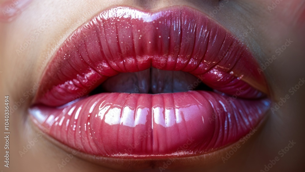 Close-up of pink lips with shimmering lip gloss. Women's beauty and lip care, lip moisturizing. Close-up of pink lips with shimmering lip gloss. Women's beauty and lip care, lip moisturizing.