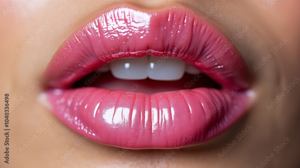 Close-up of pink lips with shimmering lip gloss. Women's beauty and lip care, lip moisturizing. Close-up of pink lips with shimmering lip gloss. Women's beauty and lip care, lip moisturizing.