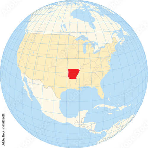 Symbol Map of the State Arkansas (United States of America) showing the earth globe with the highlighted state