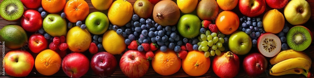 An assortment of fresh fruits including apples kiwis oranges grapes and bananas arranged in a colorful row
An assortment of fresh fruits including apples kiwis oranges grapes and bananas arranged in a colorful row