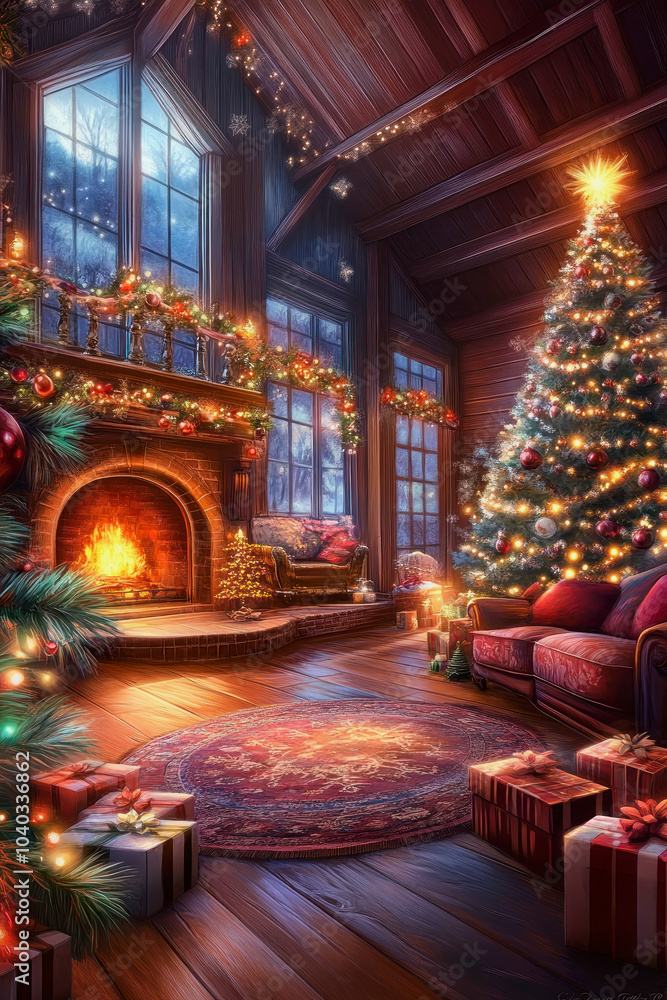 Fototapeta premium Cozy Christmas living room with a beautifully decorated tree, festive lights, and a warm fireplace inviting holiday cheer