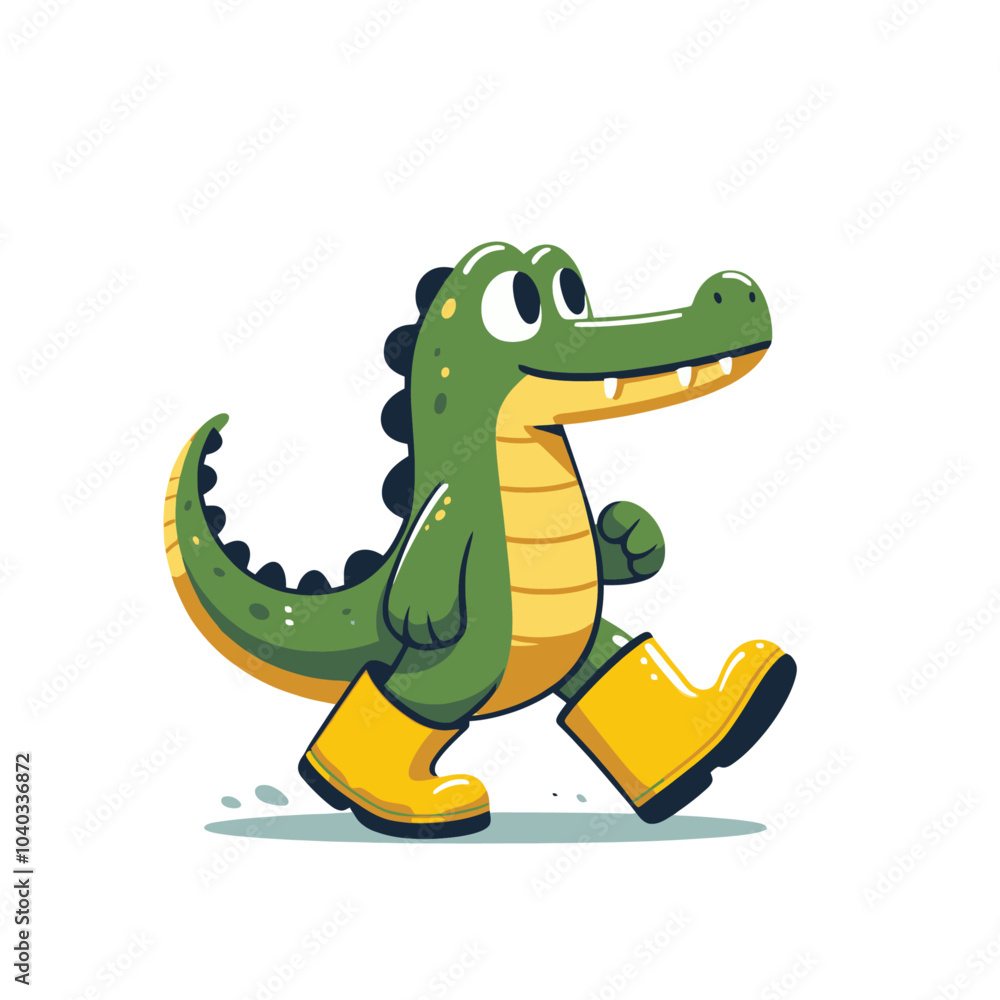 Fototapeta premium cute crocodile character walking in yellow rubber boots in rainy weather isolated vector illustration