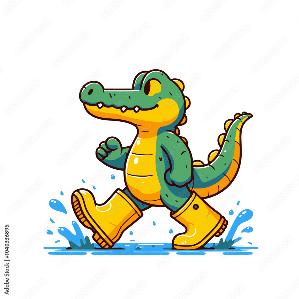 Obraz premium cute crocodile character walking in yellow rubber boots in rainy weather isolated vector illustration