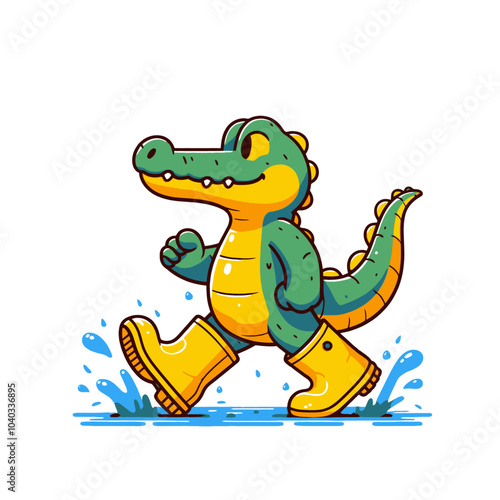 cute crocodile character walking in yellow rubber boots in rainy weather isolated vector illustration