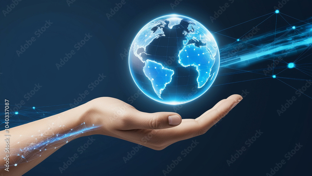 a digital holographic globe floating above a hand, symbolizing global connectivity, technology, and digital transformation a digital holographic globe floating above a hand, symbolizing global connectivity, technology, and digital transformation