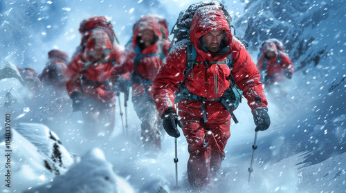 Mountaineers bravely navigating snowy terrain in harsh winter conditions