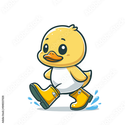 cute goose character in yellow rubber boots walking in rainy weather