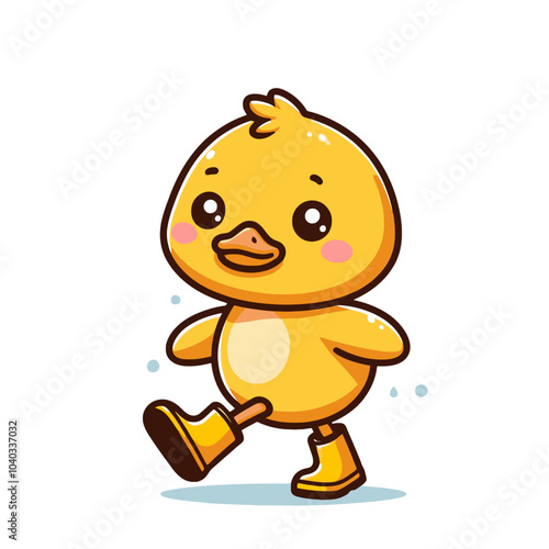 cute goose character in yellow rubber boots walking in rainy weather