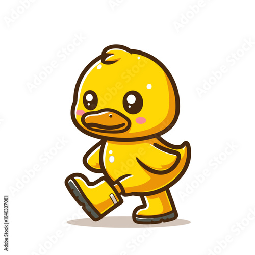 cute goose character in yellow rubber boots walking in rainy weather