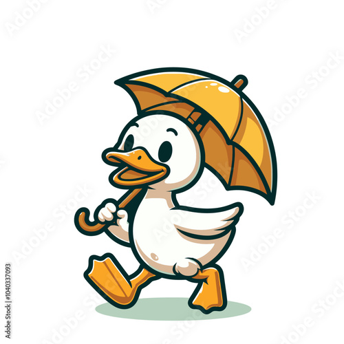 cute goose character in walking in rainy weather with umblella