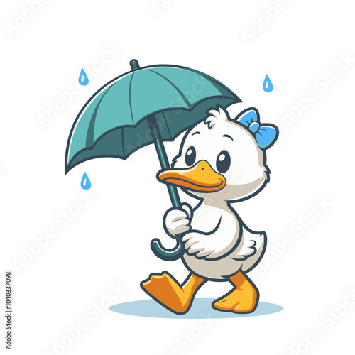 cute goose character in yellow rubber boots walking in rainy weather