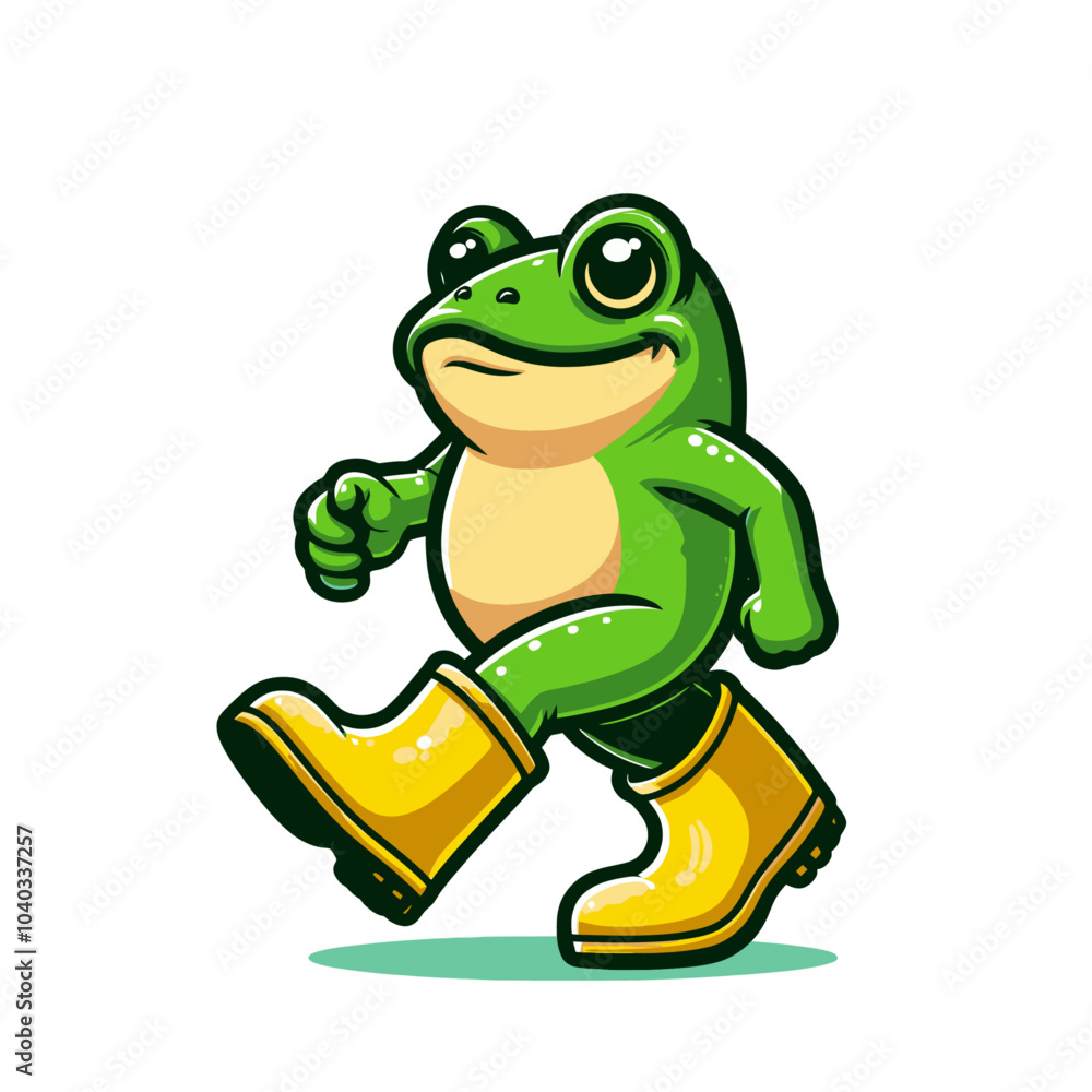 Fototapeta premium cute frog character walking in rainy weather