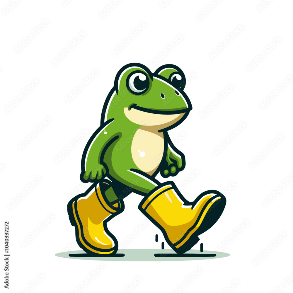 Fototapeta premium cute frog character walking in rainy weather