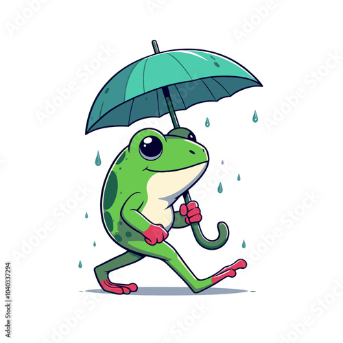 cute frog character  walking in rainy weather  with umbrella