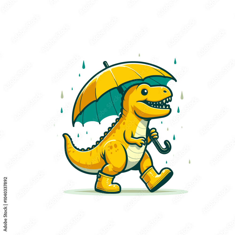 Obraz premium T-rex dinosaur in rubber boots walking in rainy weather with umbrella