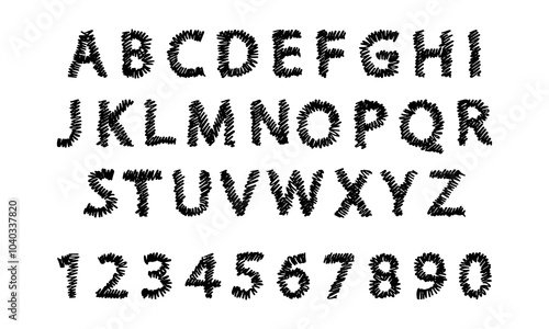 English handwritten alphabet and hand drawn numbers. Stroke texture. Doodles and squiggles. Vector set