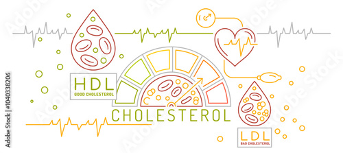 High cholesterol banner in linear style. Unhealthy bloodstream function poster.