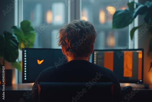 Man sitting at desk in front of dual monitors, warm lighting, indoor setting, plants in background