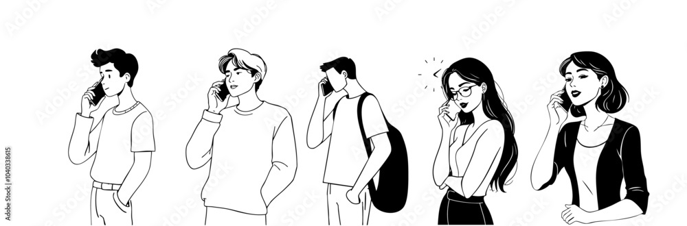 Illustration of five different people styles using cell phones in a variety of poses Illustration of five different people styles using cell phones in a variety of poses