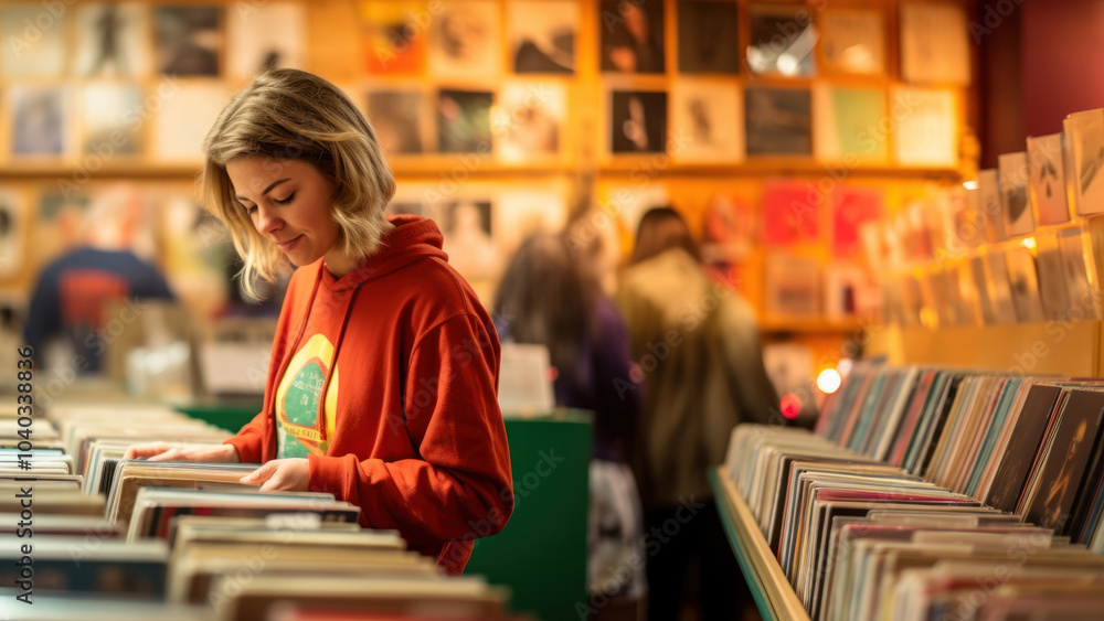 A photo of person selecting vinyl records in a retro record store. A photo of person selecting vinyl records in a retro record store.