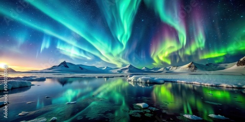 Stunning northern lights illuminating a frozen arctic landscape, northern lights, aurora borealis, arctic, frozen