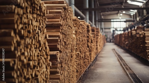 Pine wood planks neatly stacked in a factory setting, emphasizing timber production technology