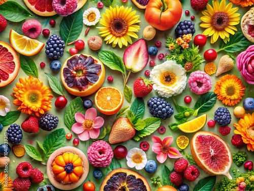 Vibrant Floral Watercolor Patterns Featuring Abstract Flowers and Plants for Food Photography