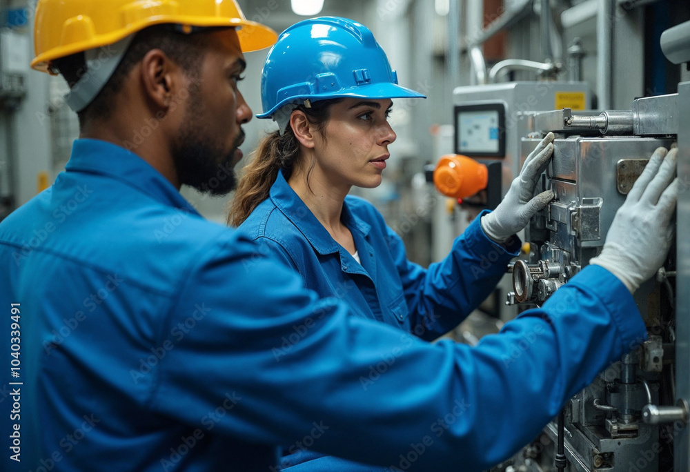 Two engineers, a woman and a man, are talking about technical details in a high-technology industrial facility. Two engineers, a woman and a man, are talking about technical details in a high-technology industrial facility.